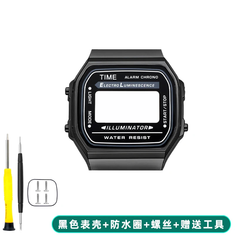 Boîtier de lunette métallique en acier inoxydable + Kit de bracelet pour Casio F91W/A158/A159 – Bracelet de montre et outils de remplacement personnalisés (argent/noir/or)