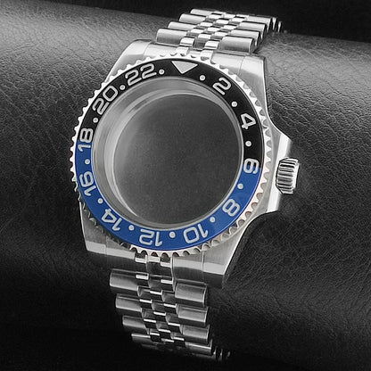 Nouveau 40.5mm GMT fit NH-34 boîtier en argent lunette peut tourner dans les deux directions saphir boîtier de montre étanche pièces de montre accessoires