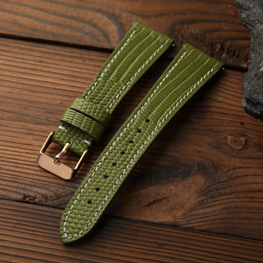 Lizard Grain Cowhide Leather Watch Strap, 18 19 20 22MM Premium Soft Leather Watch Band, Retro Blue-Green-Yellow Quick Release Strap for Men