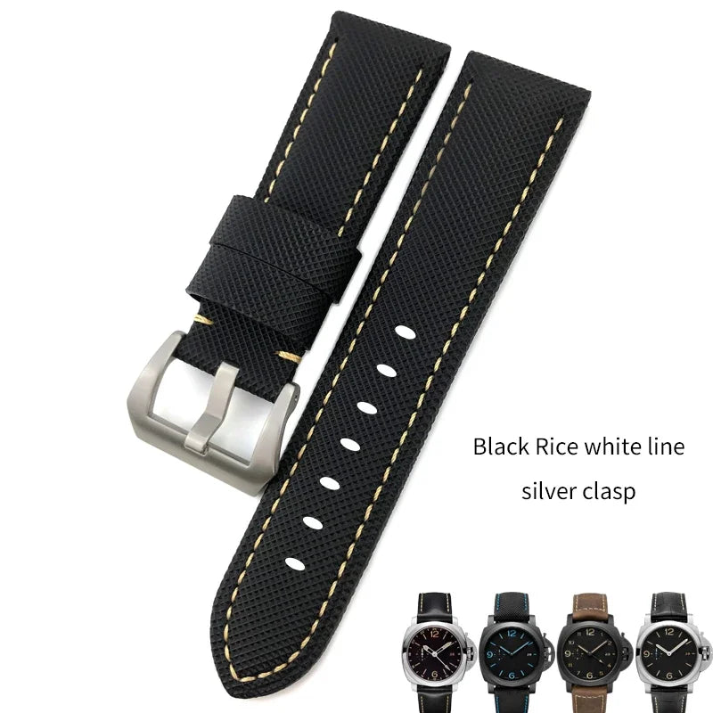 22mm 24mm 26mm Watch Strap for Panerai Luminor PAM01661, Black and Blue Nylon Fabric, Genuine Leather Canvas, Screw Pin Buckle
