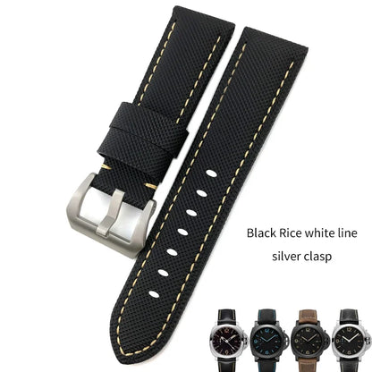 22mm 24mm 26mm Watch Strap for Panerai Luminor PAM01661, Black and Blue Nylon Fabric, Genuine Leather Canvas, Screw Pin Buckle
