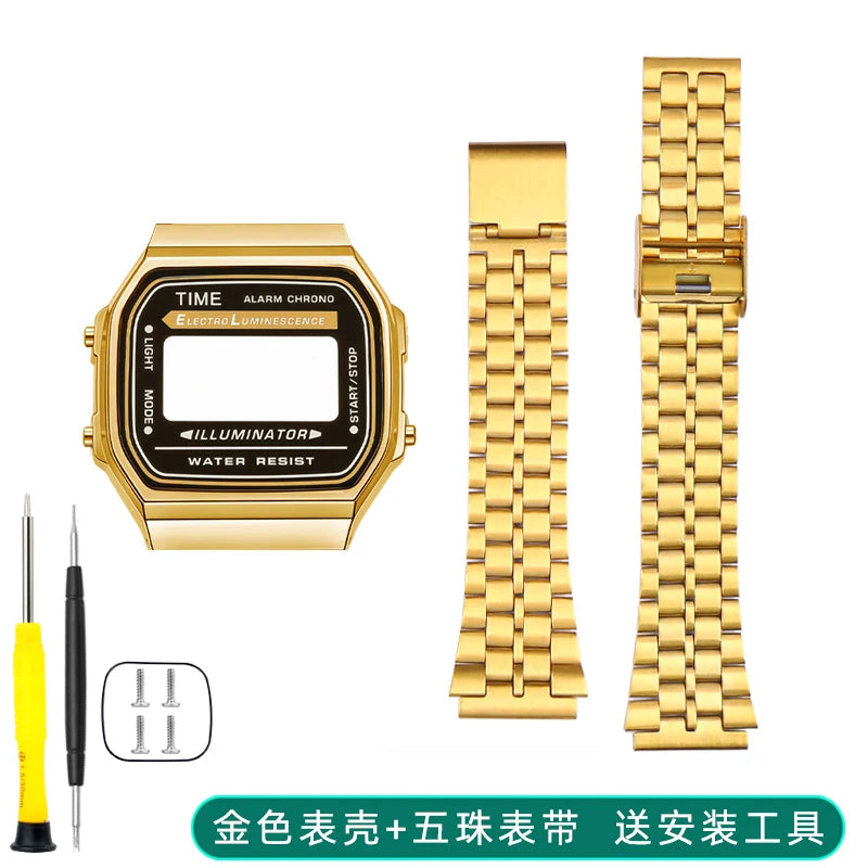 Boîtier de lunette métallique en acier inoxydable + Kit de bracelet pour Casio F91W/A158/A159 – Bracelet de montre et outils de remplacement personnalisés (argent/noir/or)