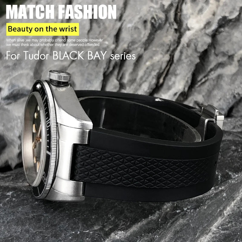 Nuovo cinturino per orologio in morbida gomma naturale FKM con estremità metalliche curve da 22 mm per Tudor 41 mm Black Bay, chiusura deployante, cinturino da uomo
