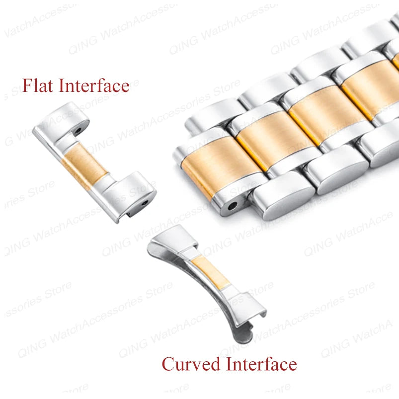 Solid stainless steel watch band with flat, arc-shaped end for Tissot butterfly clasp bracelets, sizes 12, 13, 14, 15, 16, 17, 18, 19, 20, 21, 22, 23, 24mm, universal