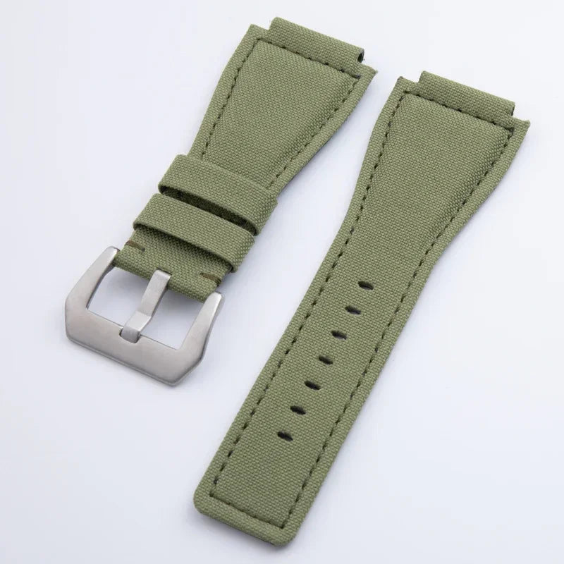 Soft Nylon Canvas Watch Strap, Green Camouflage, 34x24mm, for Bell Bracelet, Suitable for BR01 BR03 Ross, Convex End Pin Buckle