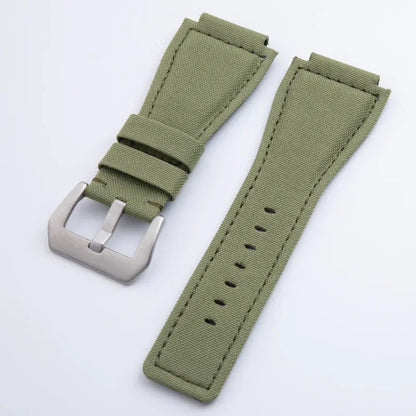 Soft Nylon Canvas Watch Strap, Green Camouflage, 34x24mm, for Bell Bracelet, Suitable for BR01 BR03 Ross, Convex End Pin Buckle