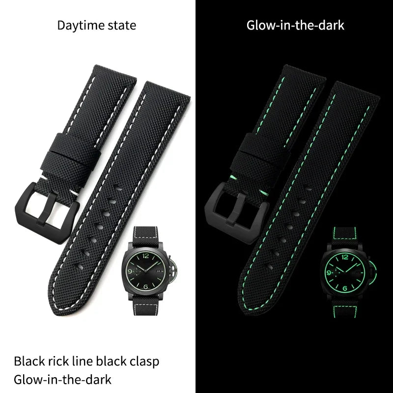 22mm 24mm 26mm Watch Strap for Panerai Luminor PAM01661, Black and Blue Nylon Fabric, Genuine Leather Canvas, Screw Pin Buckle