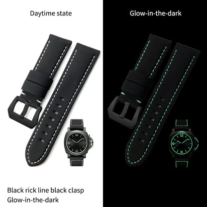 22mm 24mm 26mm Watch Strap for Panerai Luminor PAM01661, Black and Blue Nylon Fabric, Genuine Leather Canvas, Screw Pin Buckle