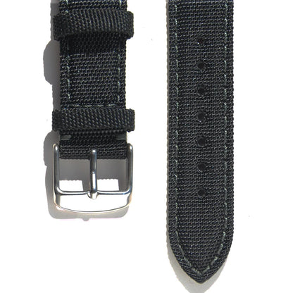 Premium Quality Nylon Black Sailcloth Leather Stitched Watch Strap 18mm 20mm 22mm