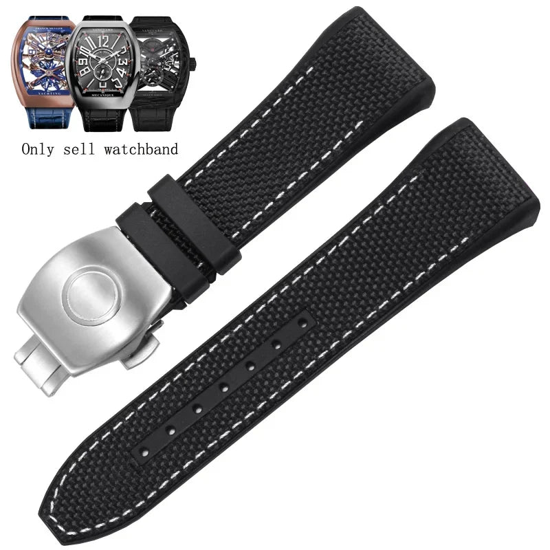 Bracelet de montre pliable en nylon et cuir véritable, bracelet de montre en silicone, noir, bleu, haute qualité, compatible avec Franck Muller, série V45, 28mm