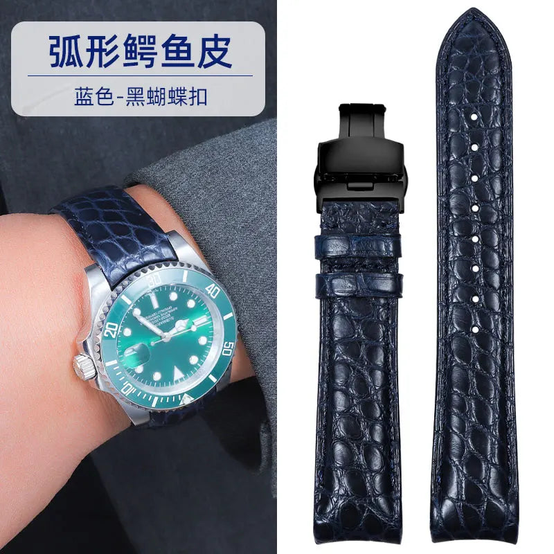Bracelet de montre incurvé en peau de Crocodile, 20mm 22mm, pour Rolex Omega Tissot IWC Seiko, Bracelet en cuir véritable souple pour hommes