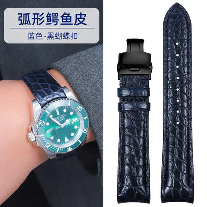 Bracelet de montre incurvé en peau de Crocodile, 20mm 22mm, pour Rolex Omega Tissot IWC Seiko, Bracelet en cuir véritable souple pour hommes