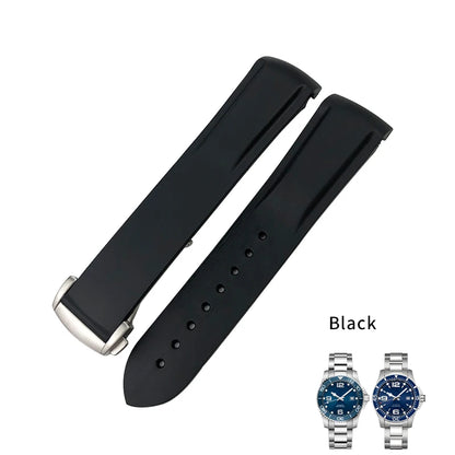 适用于浪琴表、精工SKX、欧米茄、劳力士的表带，橡胶硅胶材质，弧形接口，18mm、19mm、20mm、21mm、22mm可选