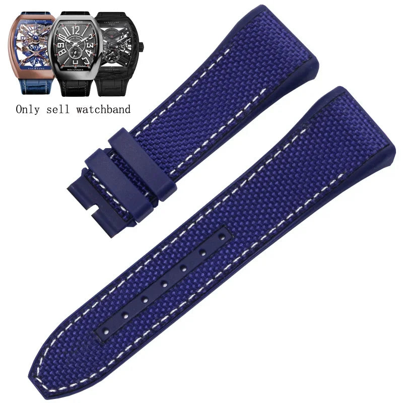 Bracelet de montre pliable en nylon et cuir véritable, bracelet de montre en silicone, noir, bleu, haute qualité, compatible avec Franck Muller, série V45, 28mm