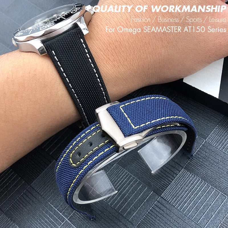 Canvas and Leather Watch Strap, 20mm, 22mm, 19mm, 21mm, for Omega Watch, Seamaster, Diver 300 Moon, AT150 AQUA TERRA, Nylon Bracelet Tools