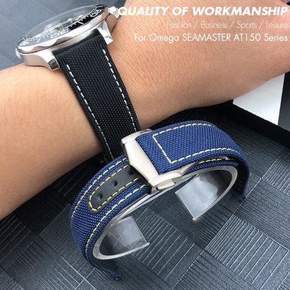 Canvas and Leather Watch Strap, 20mm, 22mm, 19mm, 21mm, for Omega Watch, Seamaster, Diver 300 Moon, AT150 AQUA TERRA, Nylon Bracelet Tools