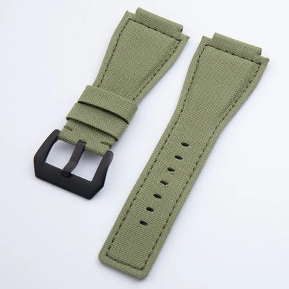 Soft Nylon Canvas Watch Strap, Green Camouflage, 34x24mm, for Bell Bracelet, Suitable for BR01 BR03 Ross, Convex End Pin Buckle