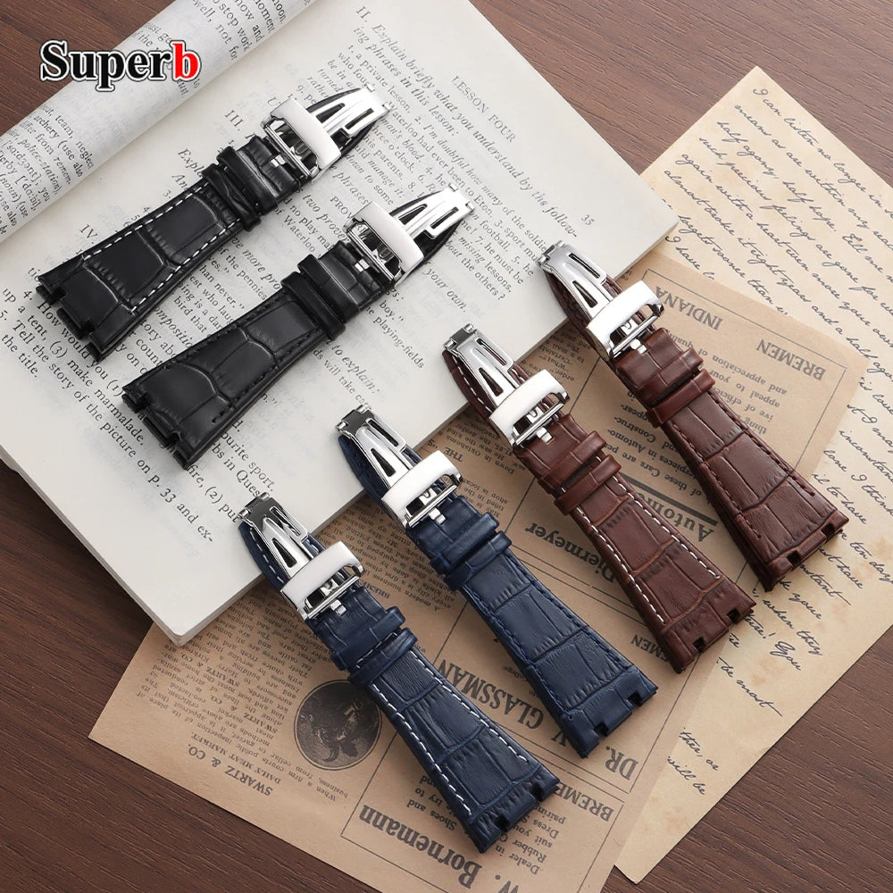 Soft Cowhide Leather Watch Strap for Audemars Piguet Royal Oak Offshore AP 15400 15703, Sweat Resistant, for Men and Women, Folding Buckle