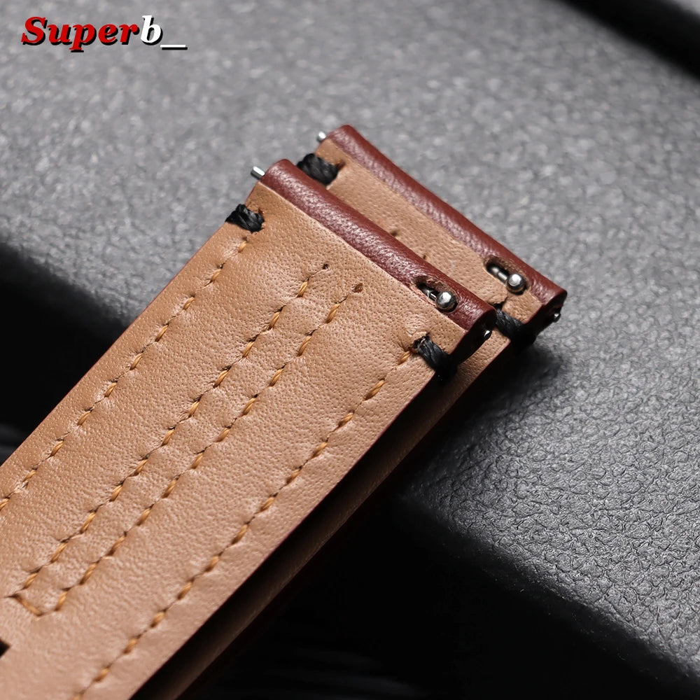 Bracelet en cuir de vache véritable pour hommes, 20mm, 22mm, 24mm, pour montre Seiko Vintage en cuir marron, bracelet de montre à fermoir papillon pour Omega