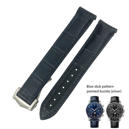 Bracelet de montre en cuir véritable à extrémité incurvée pour Omega Speedmaster Seam84AT150, déploiement struc19 mm 20mm 21mm, noir, bleu