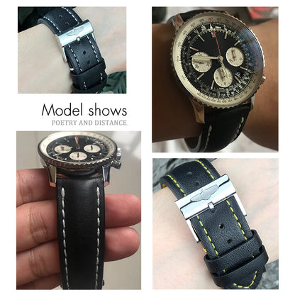Bracelet de montre en cuir véritable de haute qualité, 20mm, 21mm, 22mm, adapté aux outils de bracelet de montre Breitling Superocean Navitimer Avenger noir