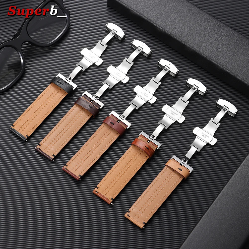 Bracelet en cuir de vache véritable pour hommes, 20mm, 22mm, 24mm, pour montre Seiko Vintage en cuir marron, bracelet de montre à fermoir papillon pour Omega