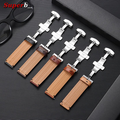 Bracelet en cuir de vache véritable pour hommes, 20mm, 22mm, 24mm, pour montre Seiko Vintage en cuir marron, bracelet de montre à fermoir papillon pour Omega