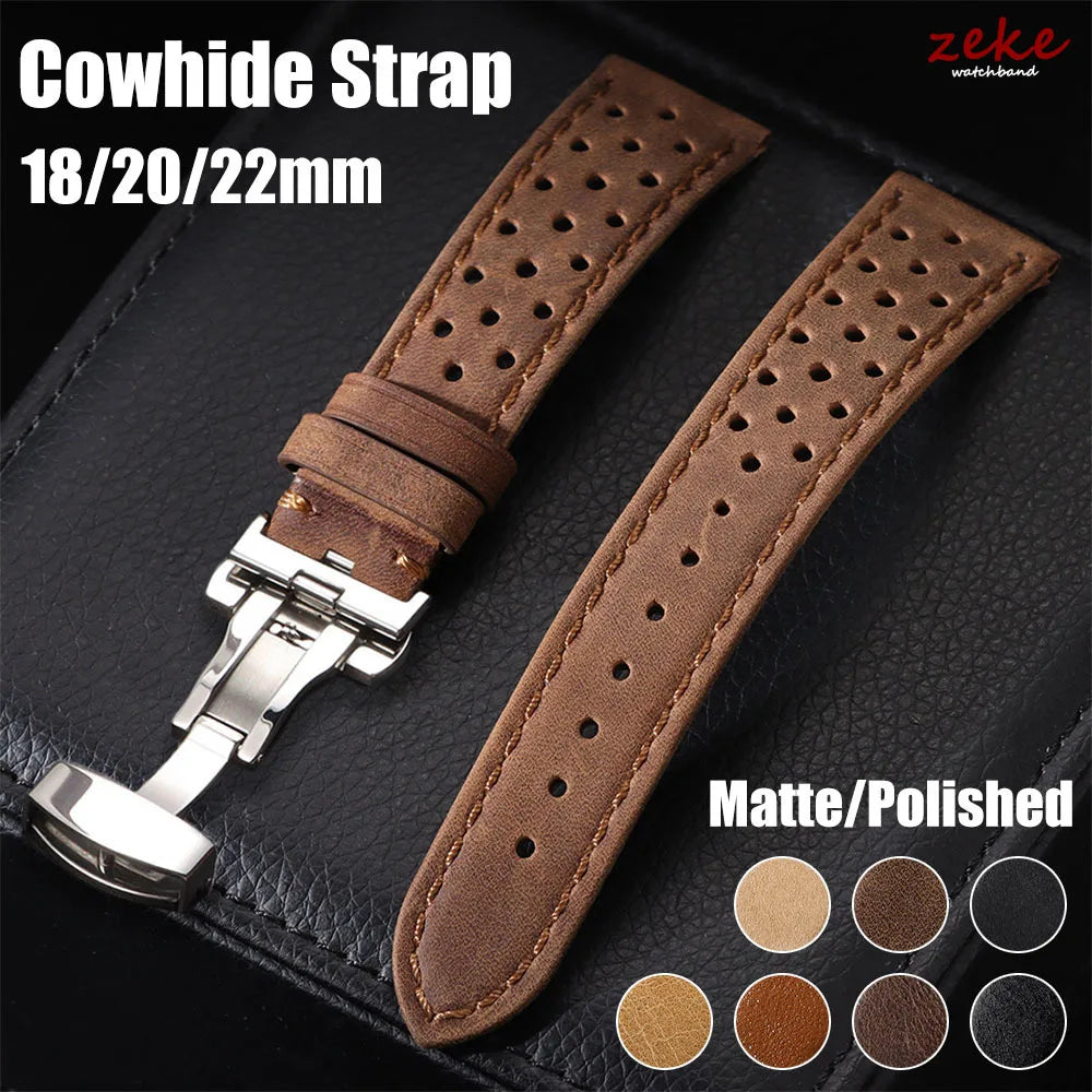Bracelet de montre universel en cuir de vache véritable, boucle papillon, Vintage, pour hommes et femmes, respirant, ceinture 18/20/22mm