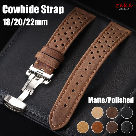 Bracelet de montre universel en cuir de vache véritable, boucle papillon, Vintage, pour hommes et femmes, respirant, ceinture 18/20/22mm
