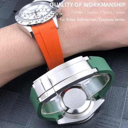 Cinturino per orologio in gomma fluorurata, 20mm, per Rolex Submariner GMT Master Daytona, bracciale per orologio in morbida gomma fluorosiliconica, fibbia con chiusura scorrevole