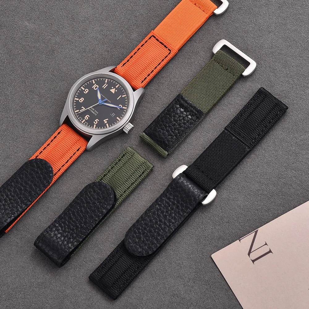 Bracelet de montre hybride en cuir et Nylon militaire, 20mm, respirant, boucle à crochet, bleu pâle, remplacement Premium
