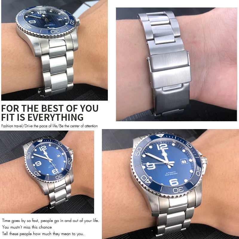 Bracelet de montre en acier inoxydable de qualité, 21mm 19mm 22mm, pour montre Longines L3 HydroConquest L3.782.4 781, extrémité incurvée, bracelet en métal massif
