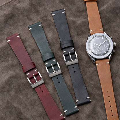 Quick Release Crazy Horse Leather Watch Strap, 18mm 20mm 22mm, Brown, for Men and Women, Compatible with Seiko Omega Huawei