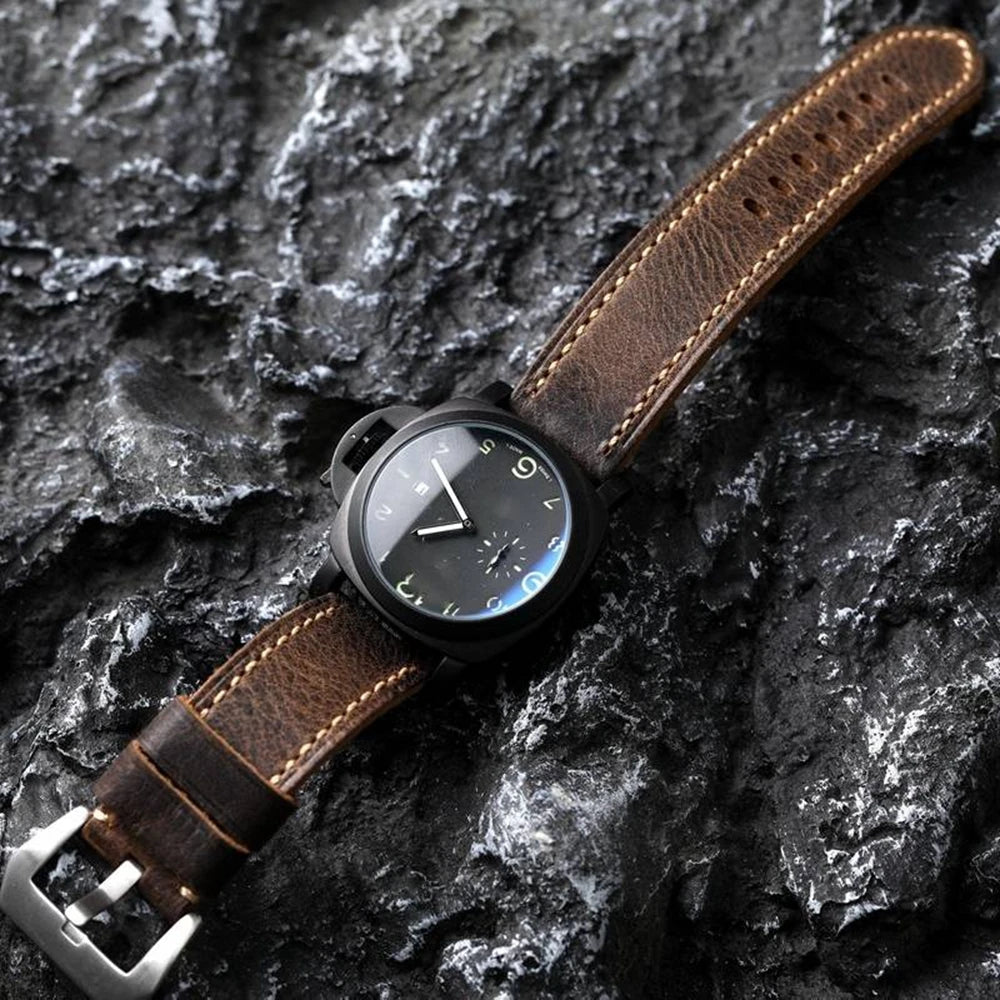 Handmade Italian Cowhide Leather Strap, Brown, 20 21 22MM 23MM 24MM 26MM, Thick Leather Watch Band for Men, Retro Style Watch Strap