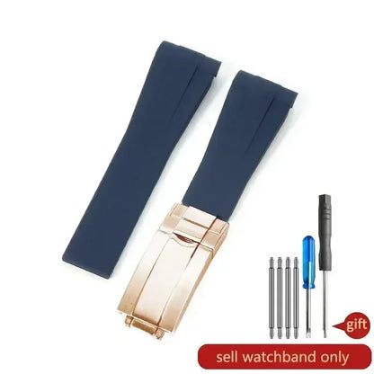 High-quality silicone watch strap in colorful styles (black, green, red, blue, white), with a curved interface for Rolex Datejust Submariner straps.