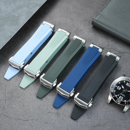 21mm fluoro rubber watch strap for Longines Hydroconquest L3.781/L3.883.4 diving sport watch band Conquest + metal interface