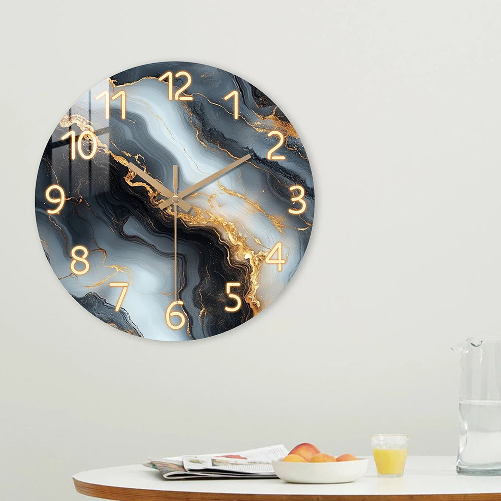 1-piece wooden wall clock, fantasy theme - blue and gold marble textured pattern, silent clock with tempered film veneer, suitable