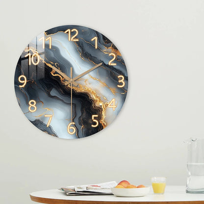 1-piece wooden wall clock, fantasy theme - blue and gold marble textured pattern, silent clock with tempered film veneer, suitable