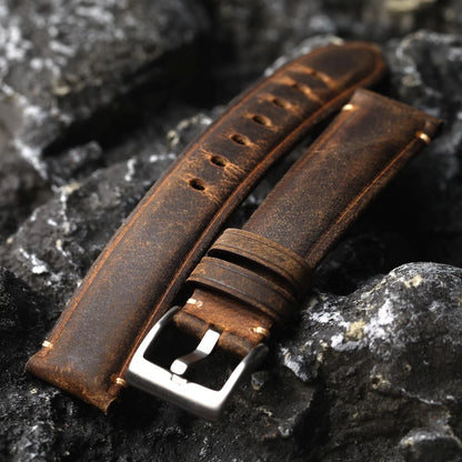 Cinturino per orologio fatto a mano in pelle di vacchetta, 18 19 20 21 22MM, marrone, cinturino in pelle spazzolata vintage, cinturino spesso da uomo