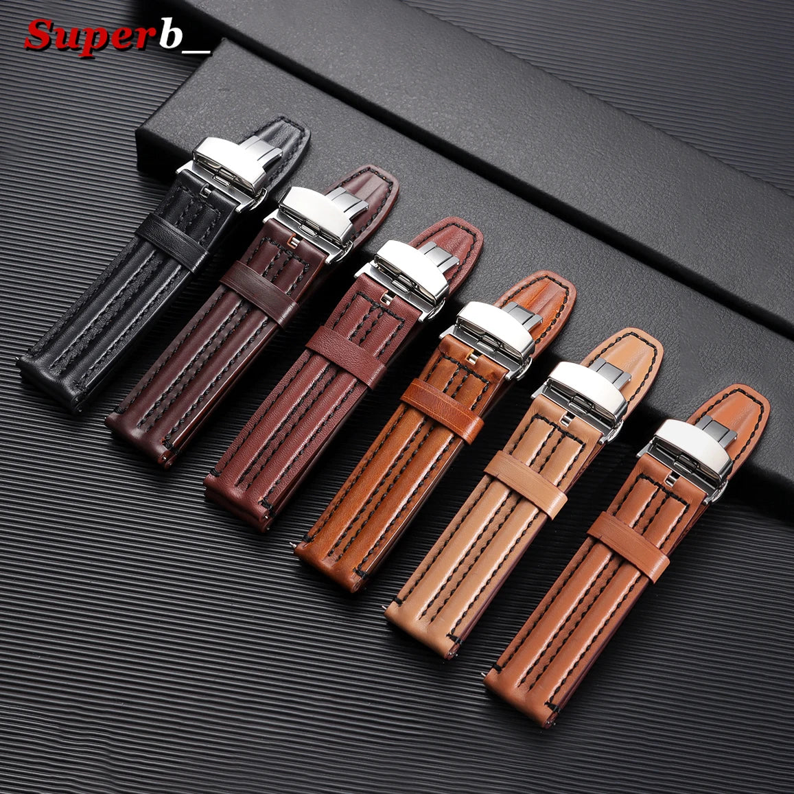 Bracelet en cuir de vache véritable pour hommes, 20mm, 22mm, 24mm, pour montre Seiko Vintage en cuir marron, bracelet de montre à fermoir papillon pour Omega