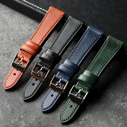 Bracciale in pelle di vacchetta italiana fatto a mano, 18 19 20 21 22 MM nero, cinturino in pelle vintage blu-verde, a sgancio rapido, bracciale morbido da uomo