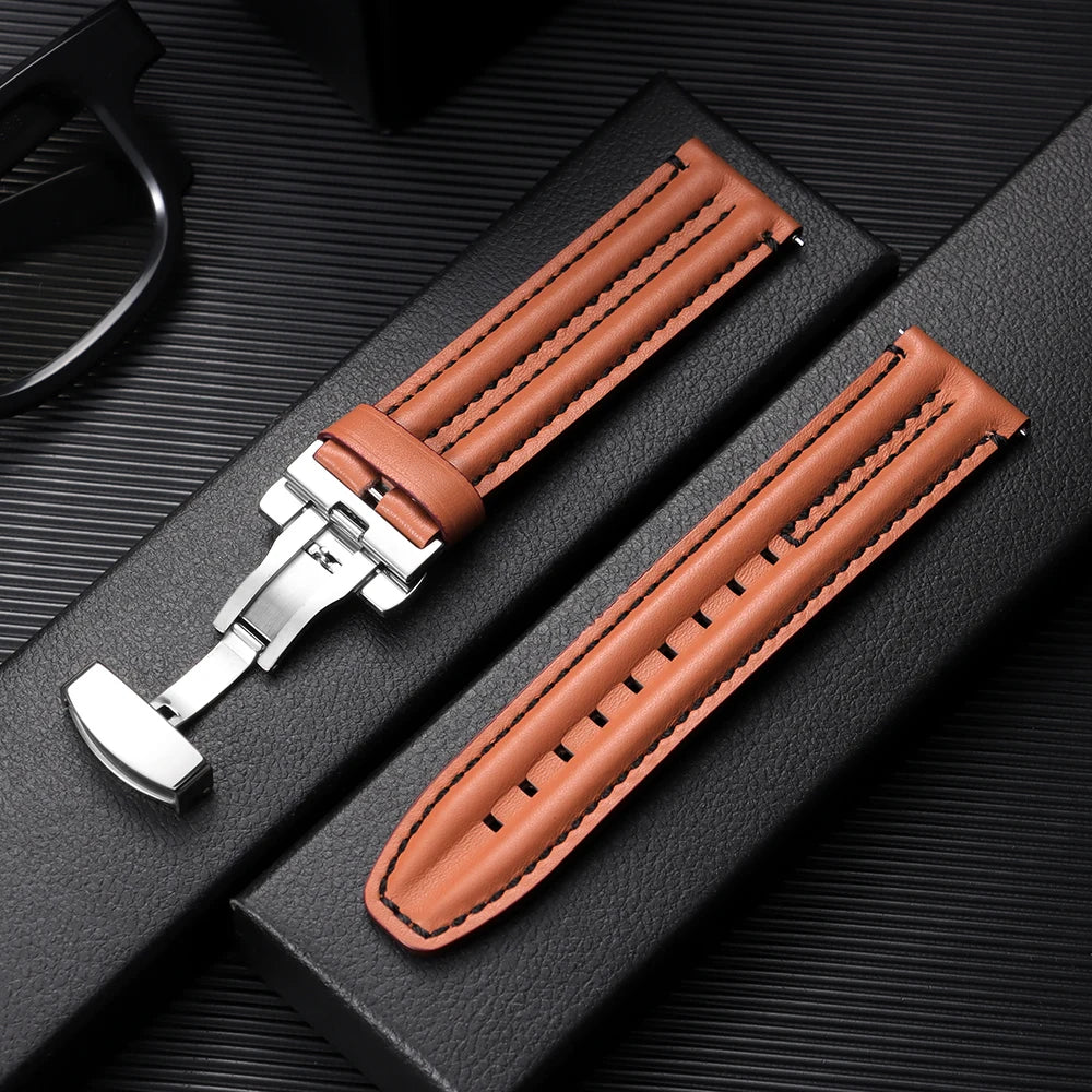 Bracelet en cuir de vache véritable pour hommes, 20mm, 22mm, 24mm, pour montre Seiko Vintage en cuir marron, bracelet de montre à fermoir papillon pour Omega