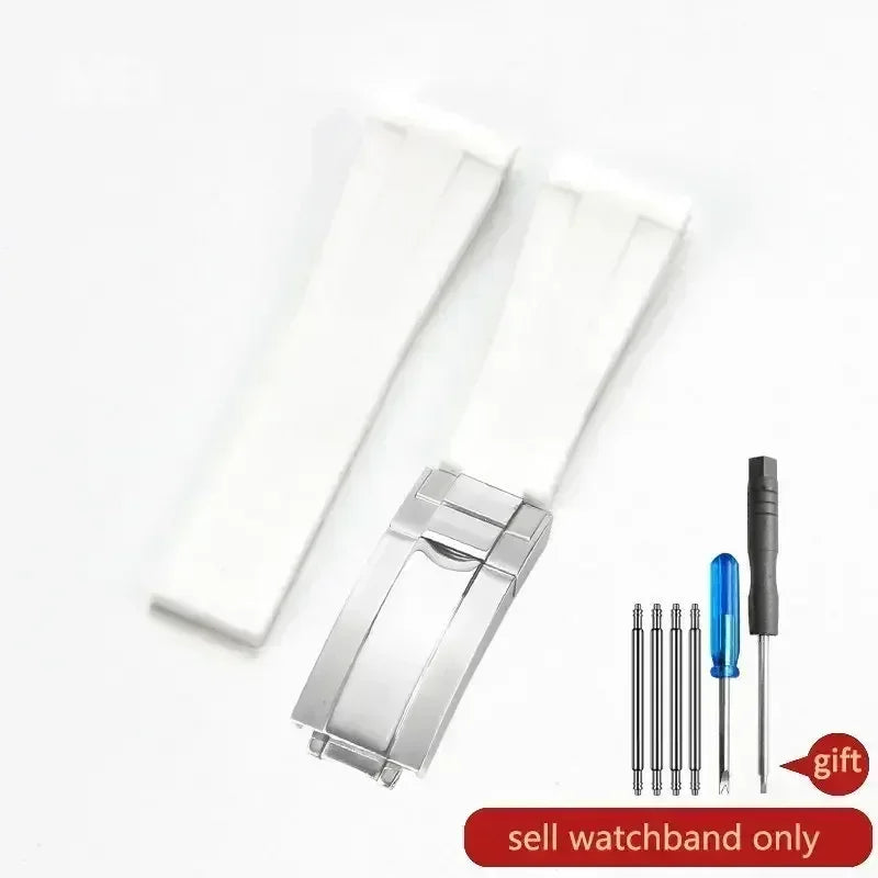 High-quality silicone watch strap in colorful styles (black, green, red, blue, white), with a curved interface for Rolex Datejust Submariner straps.