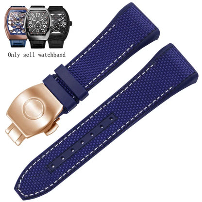 Bracelet de montre pliable en nylon et cuir véritable, bracelet de montre en silicone, noir, bleu, haute qualité, compatible avec Franck Muller, série V45, 28mm