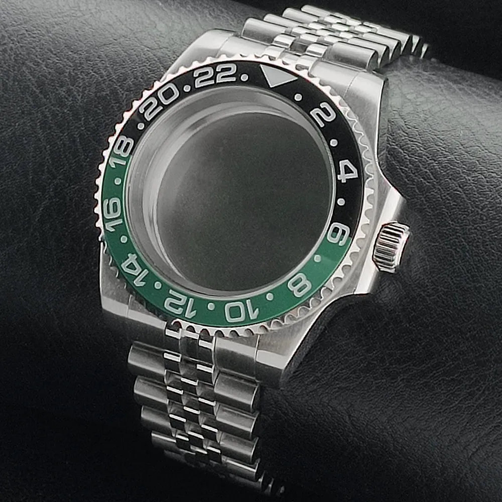 Nouveau 40.5mm GMT fit NH-34 boîtier en argent lunette peut tourner dans les deux directions saphir boîtier de montre étanche pièces de montre accessoires