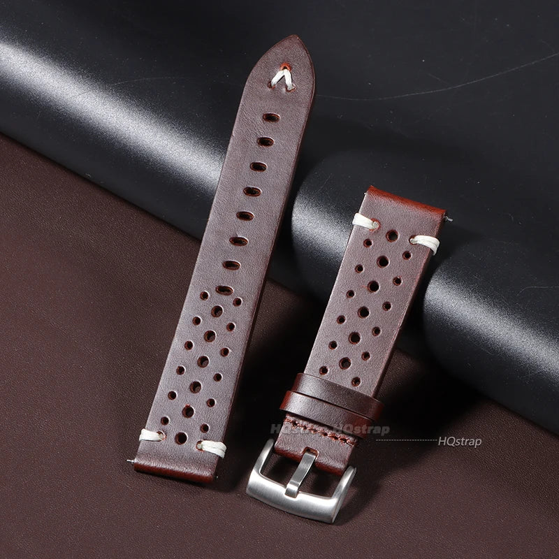 Cinturino per orologio in vera pelle da uomo e donna, traspirante, a sgancio rapido, 20mm, 22mm, in pelle bovina, effetto oliato, attenzione, nero, rosso, giallo, marrone
