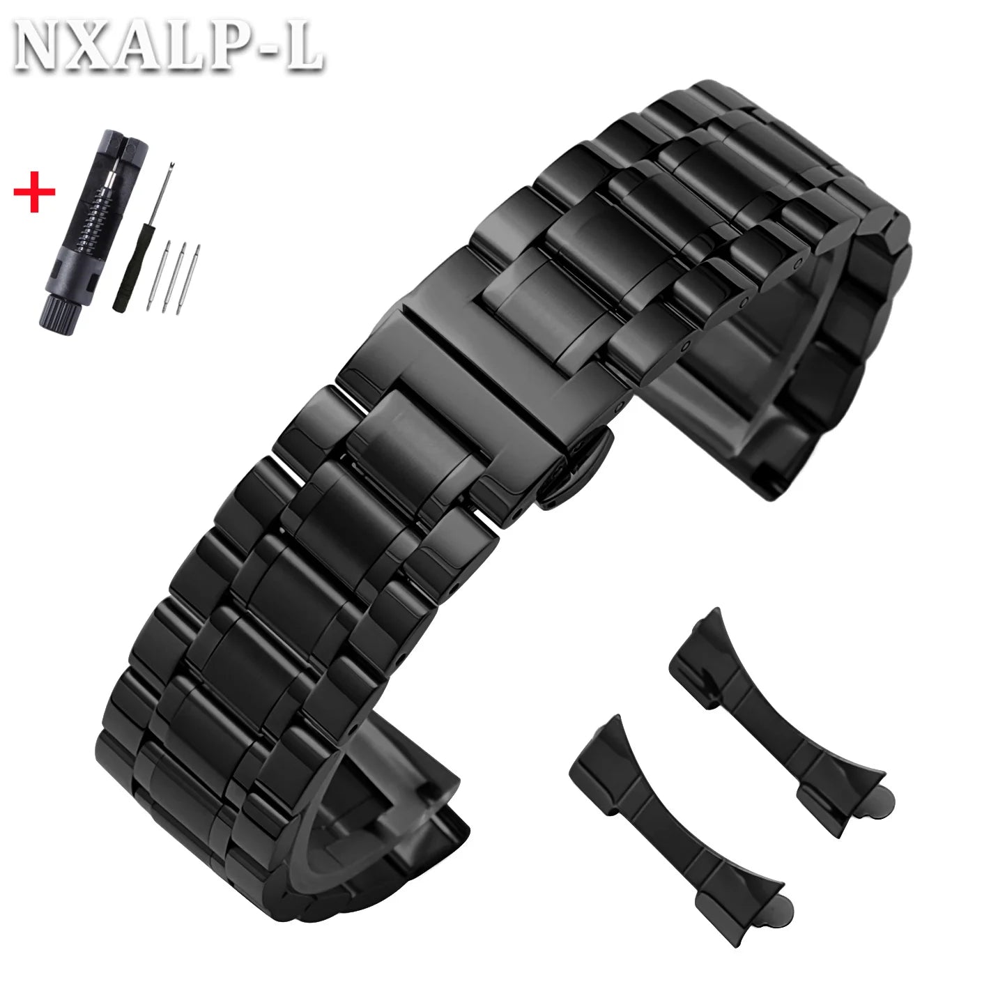 Curved End Stainless Steel Watch Bracelet Butterfly Clasp, Solid Metal Universal Watch Band 12/13/14/15/16/17/18/19/20/21/22/23/24mm