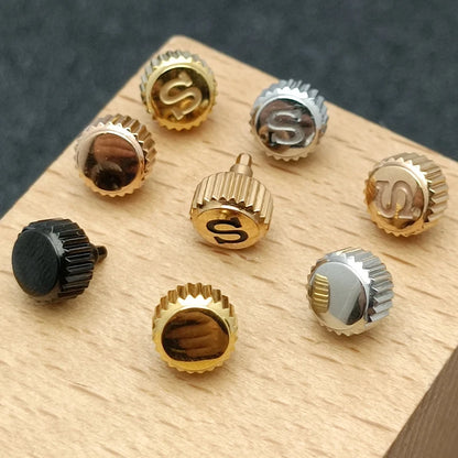 Screw-on case replacement crown, high-quality engraved and signed 'S', fits NH/35 and NH/36 movements, 3 styles with crown tube stem