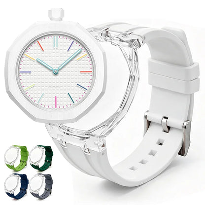 Cassa in plastica trasparente Glacier + cinturino in silicone per orologio da taschino AP X Swatch Royal Pop, trasformatore da orologio da taschino a cinturino in caucciù