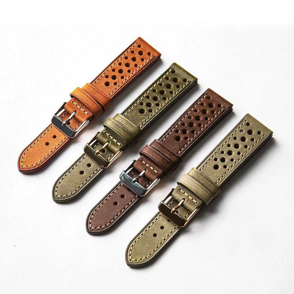 Men's Cowhide Leather Watch Strap, Handmade Top Layer, Italian Genuine Leather 18 19 20 21 22MM, Breathable Hole Design, Vintage